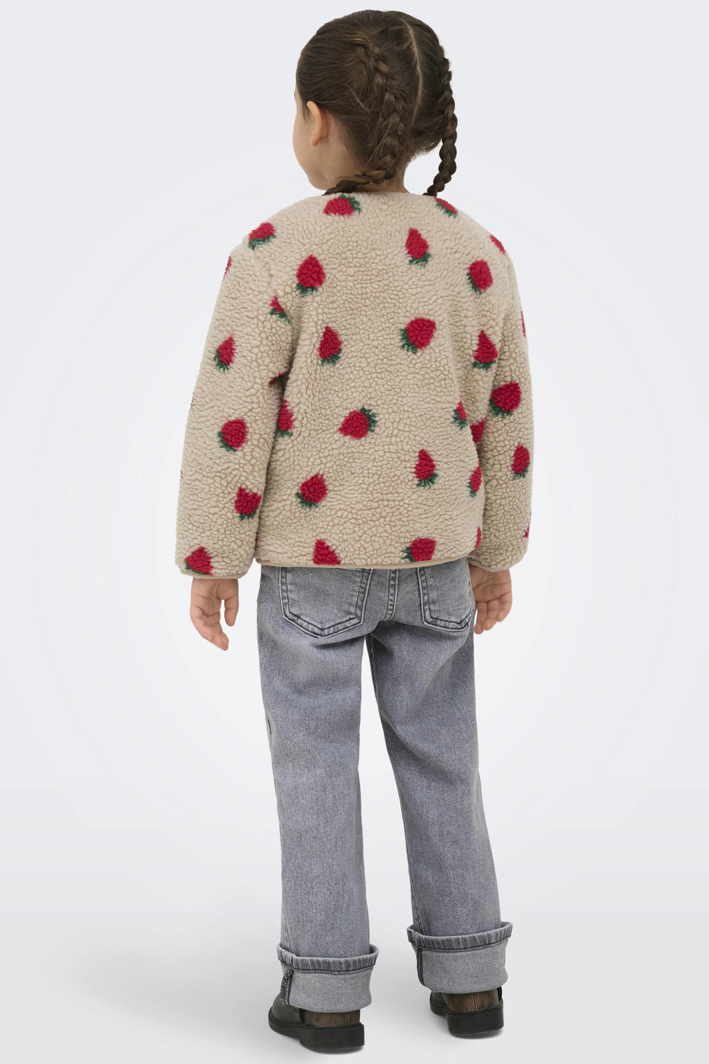 Beige en rode meisjes KIDS ONLY MINI teddy jas met lange mouwen en drukknoopsluiting