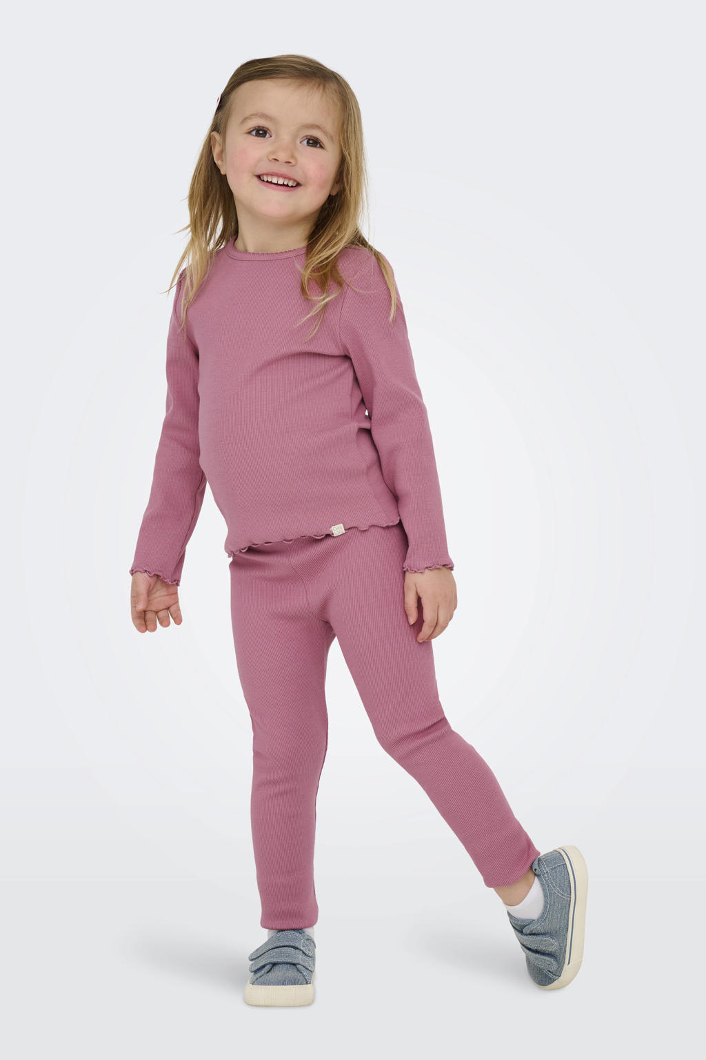 Roze meisjes KIDS ONLY MINI longsleeve van stretchkatoen met effen, lange mouwen, ronde hals en gebreide details