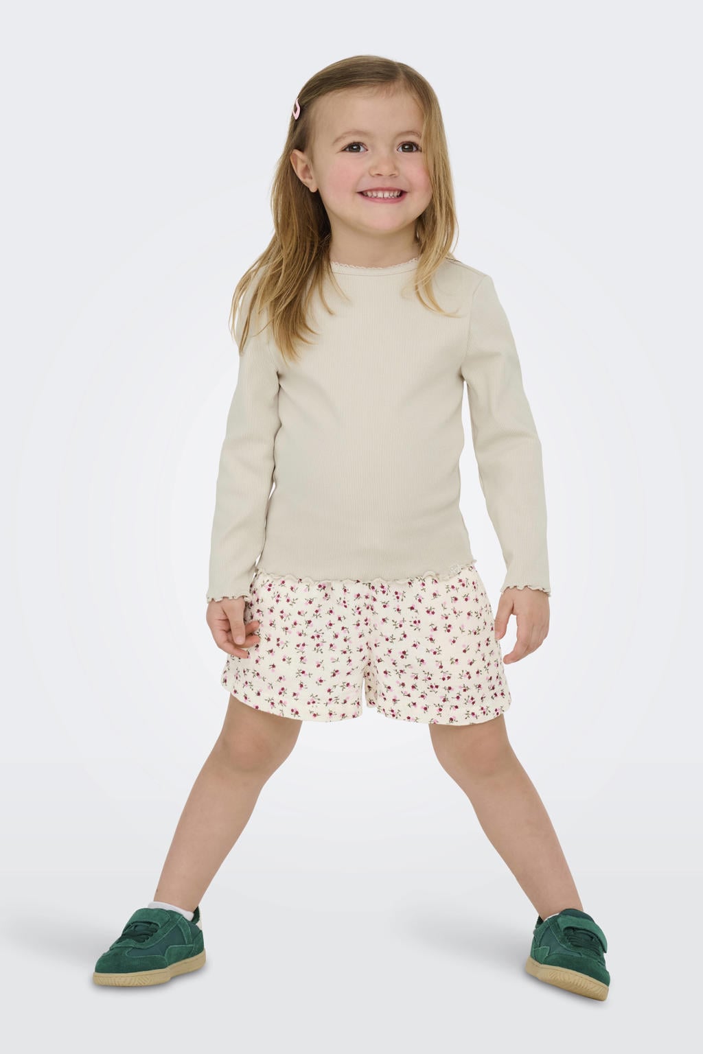 Beige meisjes KIDS ONLY MINI longsleeve van stretchkatoen met effen, lange mouwen, ronde hals en gebreide details