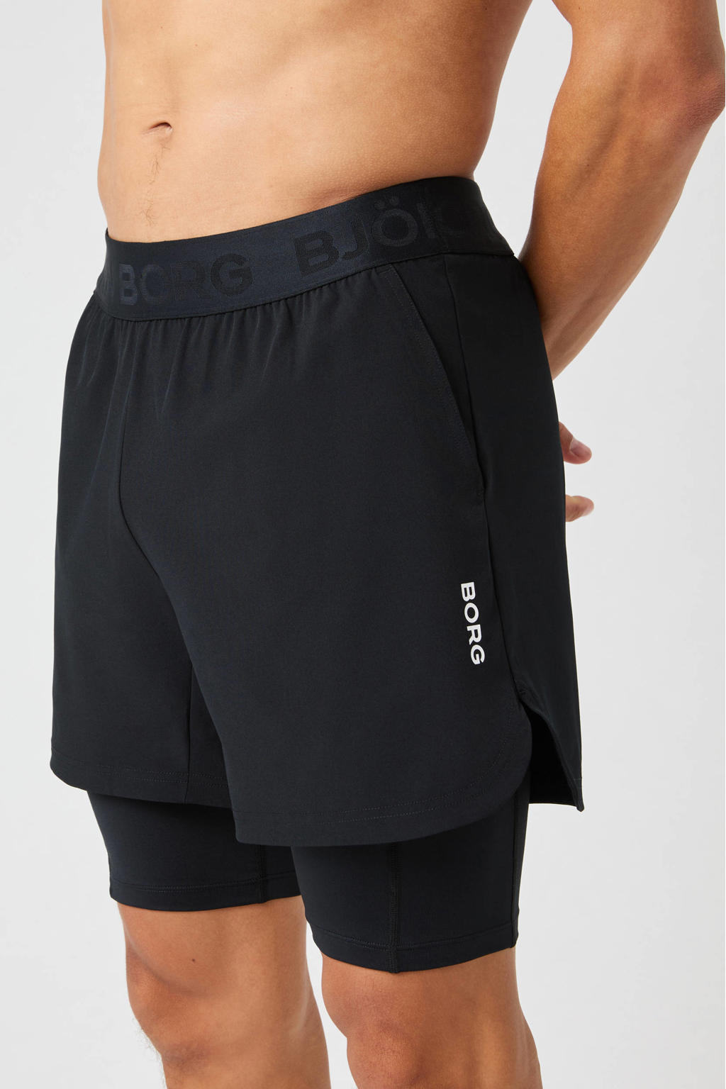 Zwarte heren Björn Borg sportshort 2-in-1 van polyester met elastische tailleband met koord en effen