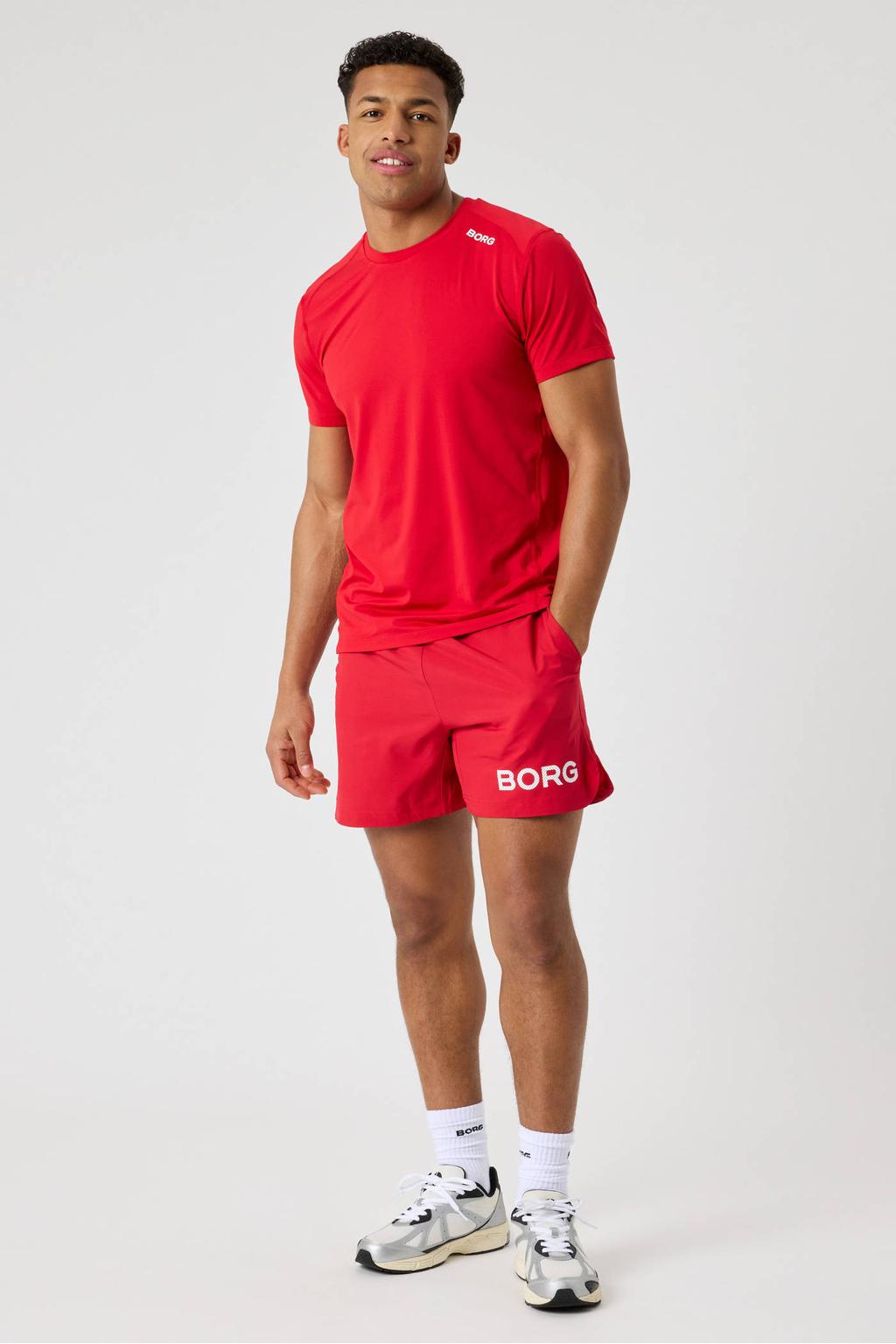 Rode heren Björn Borg sportshirt athletic van polyester met effen, korte mouwen en ronde hals