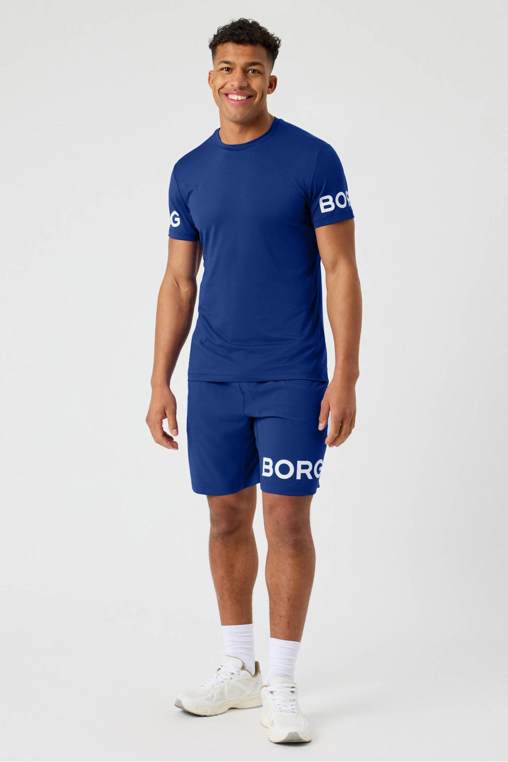 Blauwe heren Björn Borg sportshirt van polyester met effen, korte mouwen en ronde hals