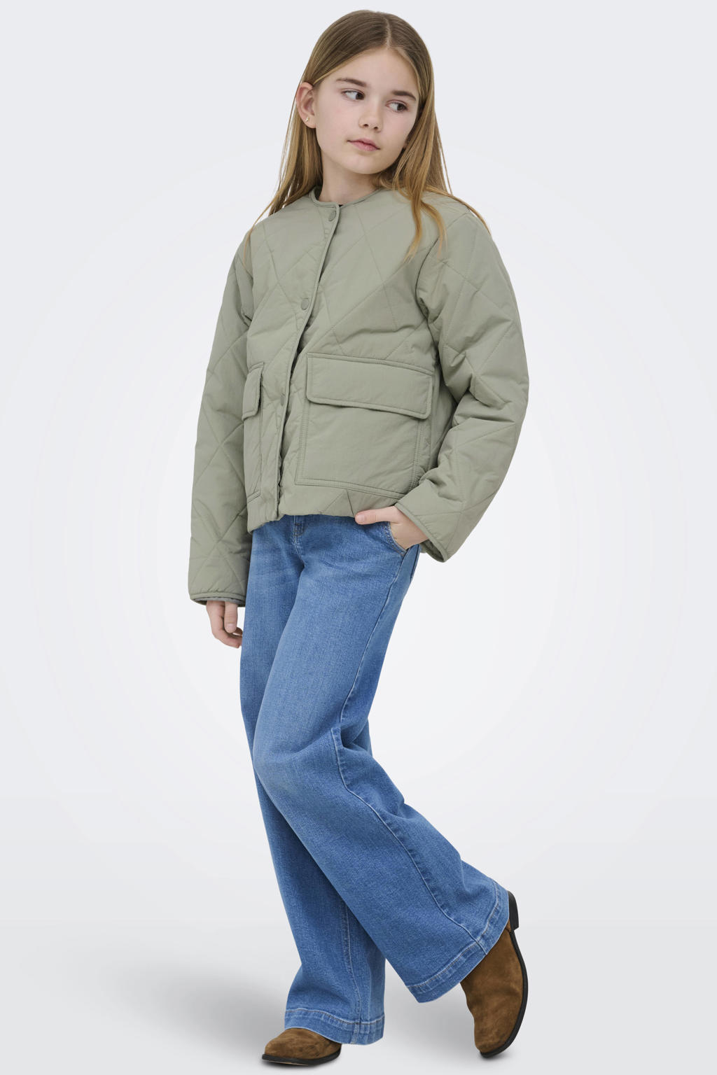 Groene meisjes KIDS ONLY GIRL tussenjas van nylon met effen, lange mouwen, ronde hals, drukknoopsluiting en doorgestikte details