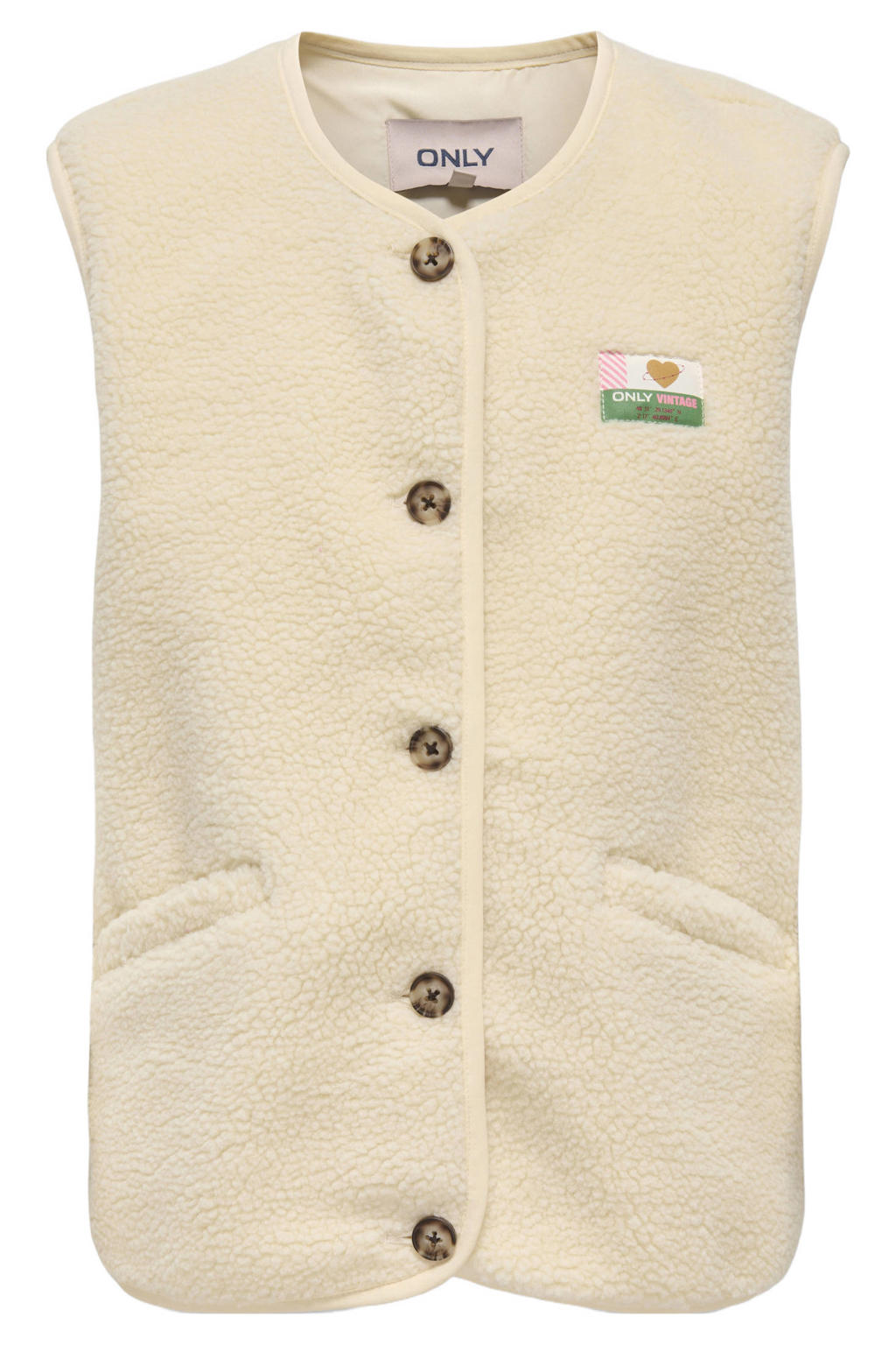 Ecru meisjes KIDS ONLY GIRL teddy gilet met effen, ronde hals en knoopsluiting