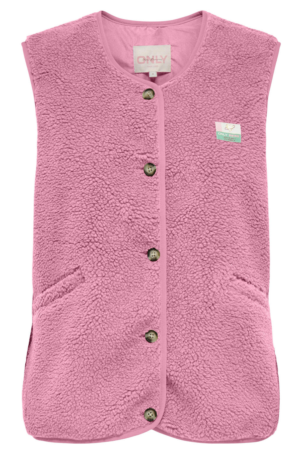 Roze meisjes KIDS ONLY GIRL teddy gilet met effen, ronde hals en knoopsluiting