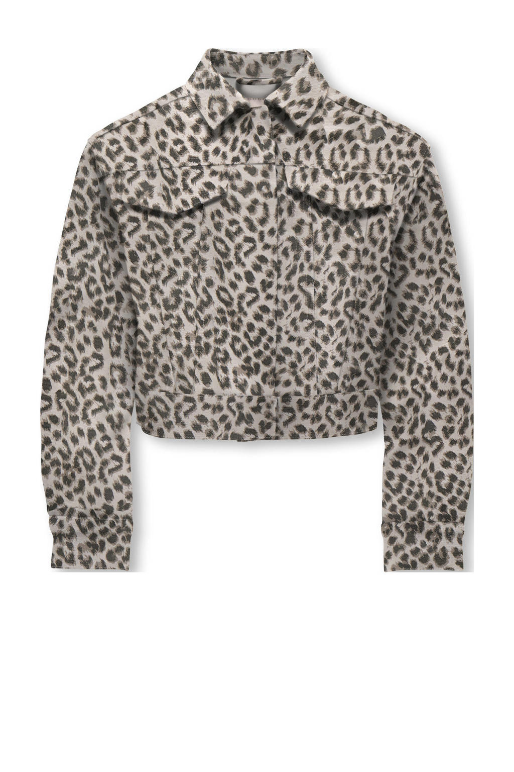 Beige en bruine meisjes KIDS ONLY GIRL spijkerjas van stretchdenim met dierenprint, lange mouwen, klassieke kraag, knoopsluiting en geweven detail