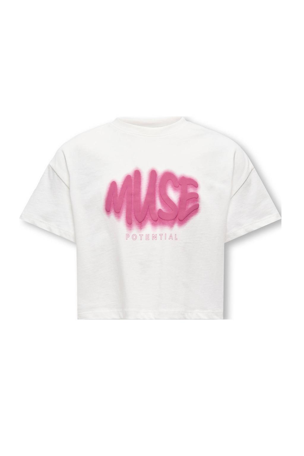 Wit en roze meisjes KIDS ONLY GIRL T-shirt van katoen met printopdruk, korte mouwen en ronde hals