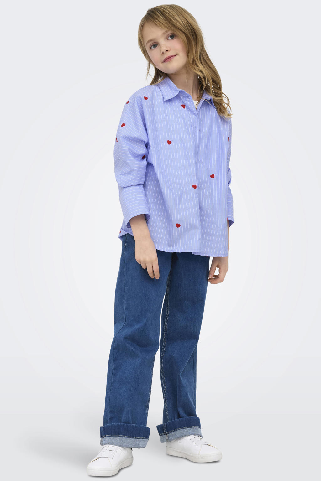 Lichtblauwe meisjes KIDS ONLY GIRL gestreepte blouse van polyester met hartjesprint, lange mouwen, klassieke kraag, knoopsluiting en geweven detail