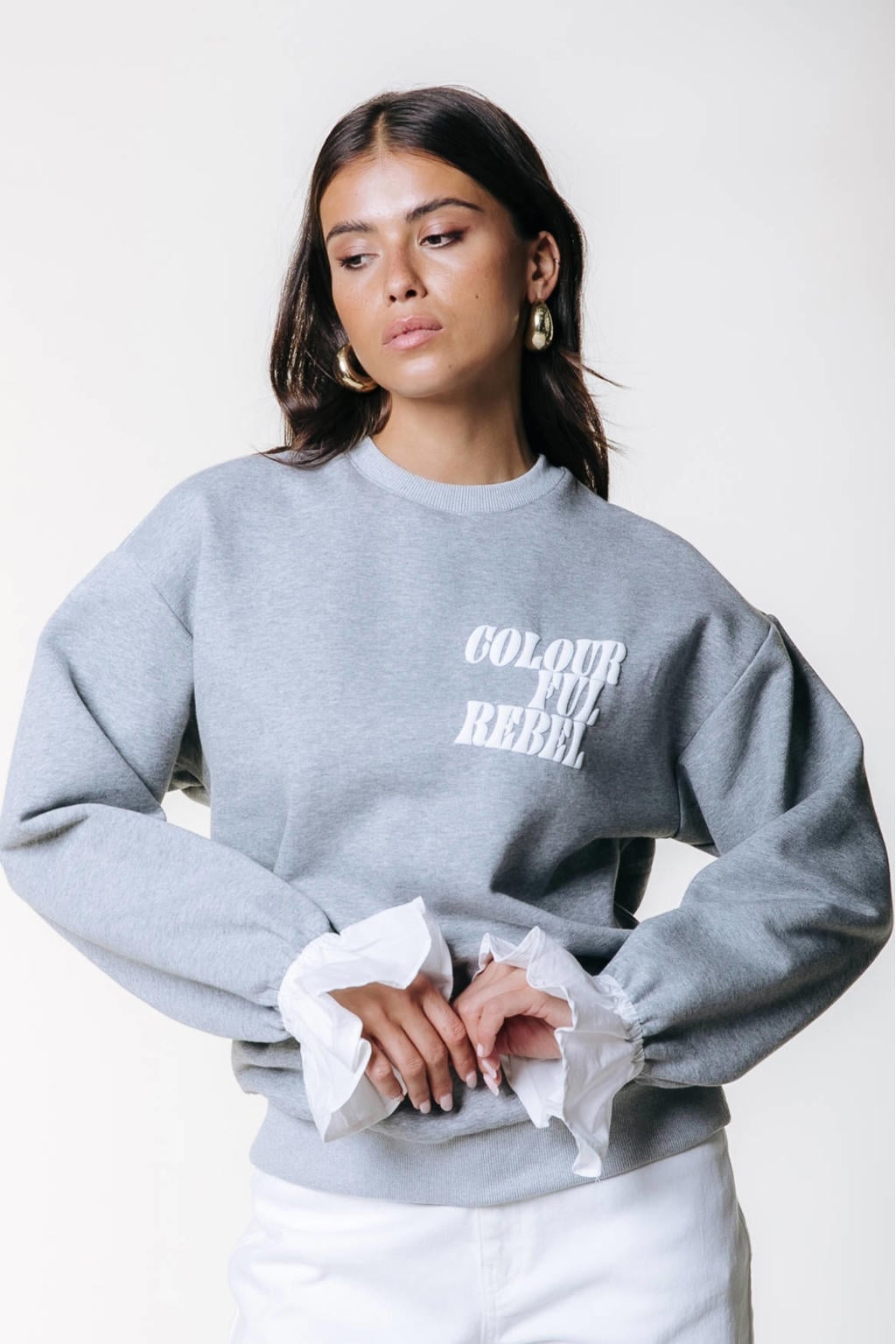 Grijs en witte dames Colourful Rebel sweater van polyester met logo dessin, lange mouwen en ronde hals