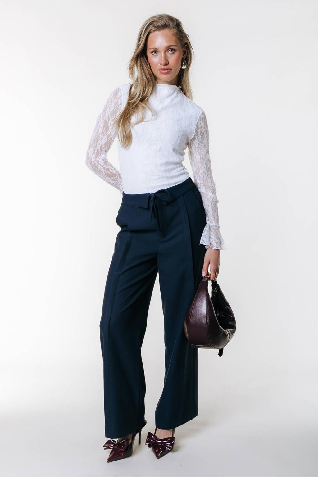 Blauwe dames Colourful Rebel wide leg regular waist broek met striksluiting en effen