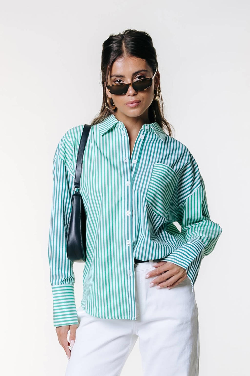Groen en witte dames Colourful Rebel gestreepte blouse van katoen met lange mouwen, klassieke kraag en knoopsluiting