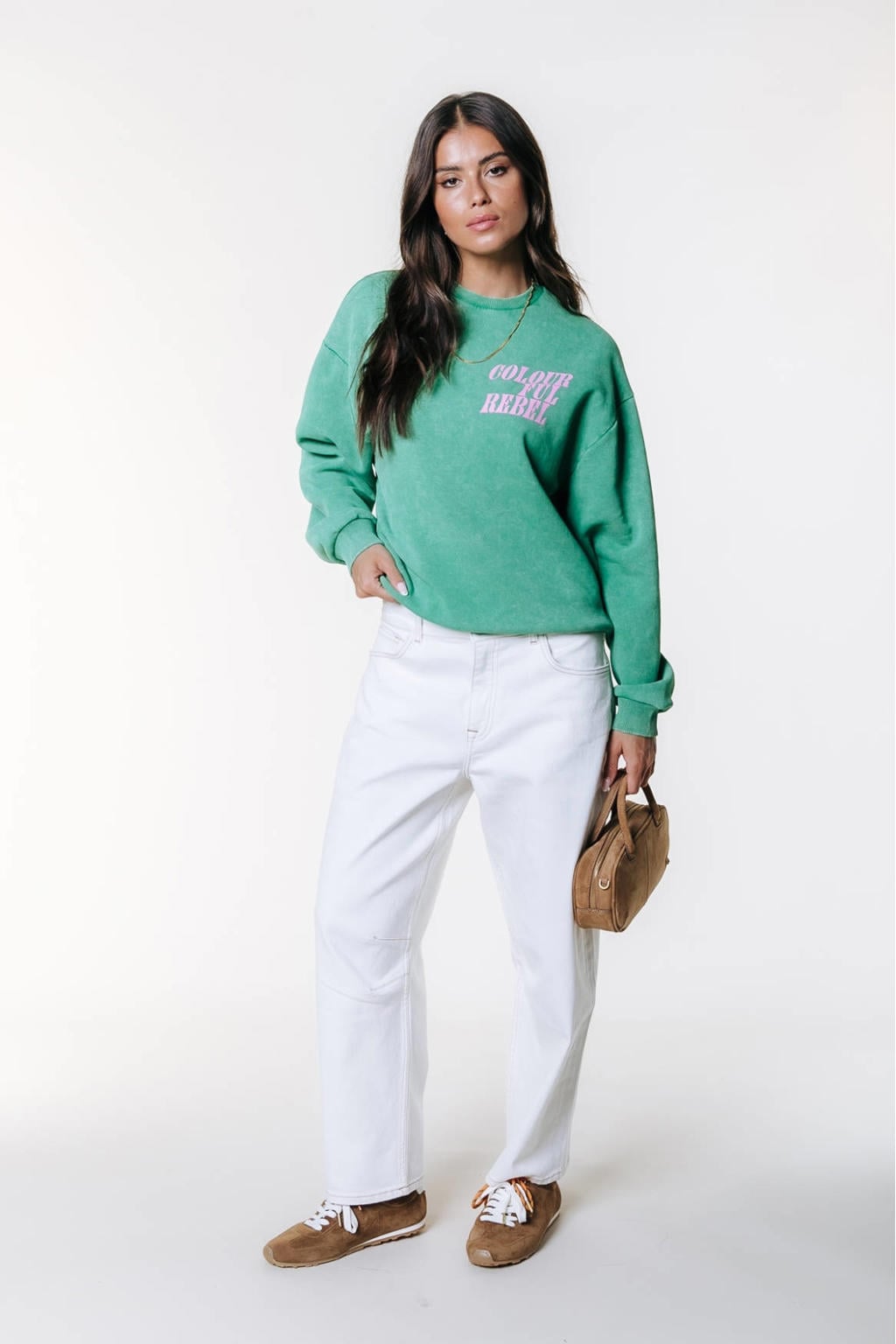 Groen en roze dames Colourful Rebel sweater van katoen met effen, lange mouwen en ronde hals
