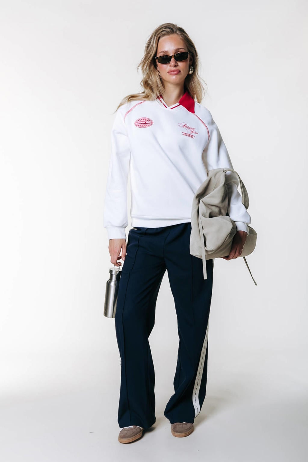 Wit en rode dames Colourful Rebel sweater van katoen met logo dessin, lange mouwen en widespread hals