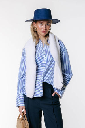 blouse met backprint met krijtstreep blauw