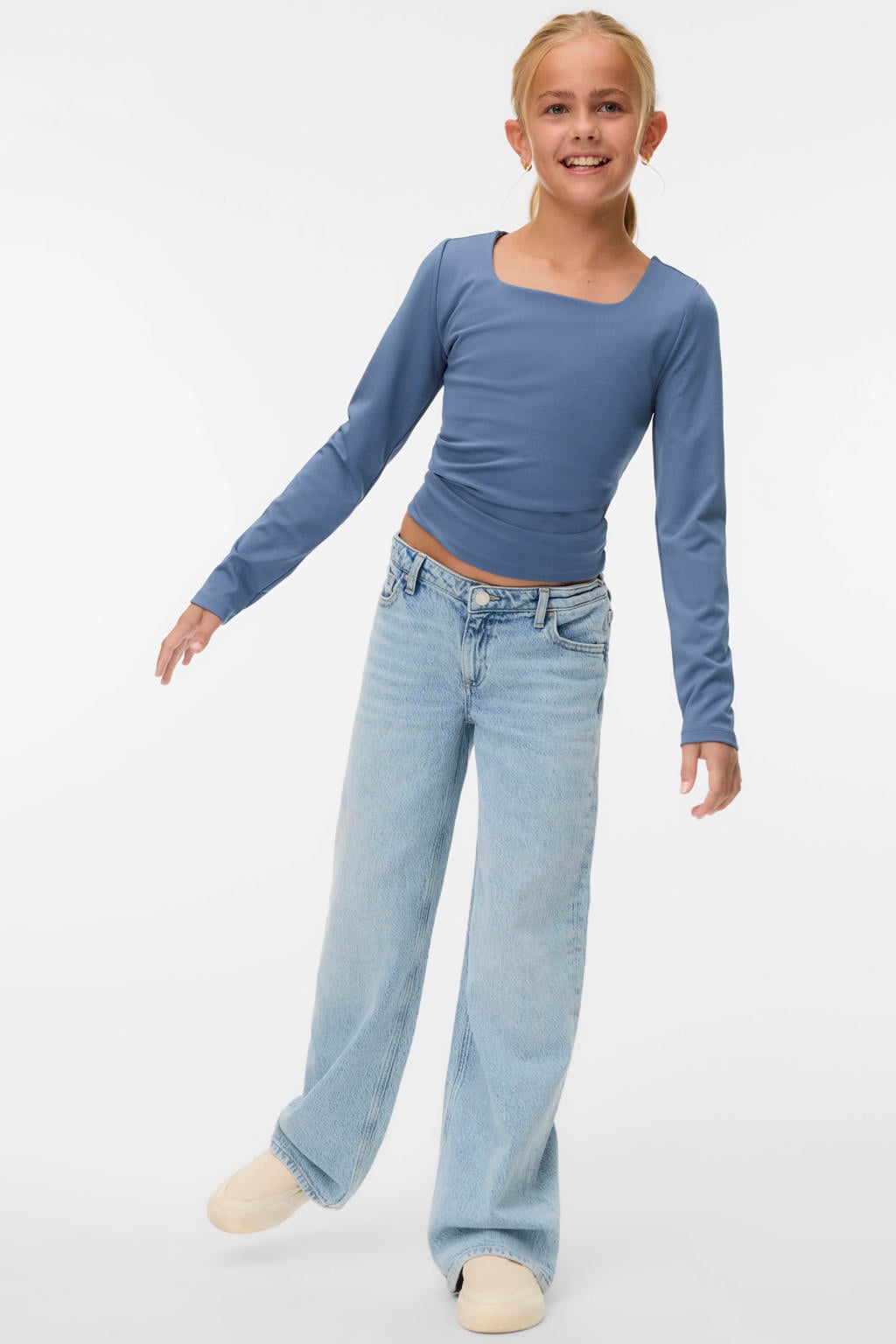 Blauwe meisjes VERO MODA GIRL blousetop van polyester met effen, lange mouwen, vierkante hals en reversible detail
