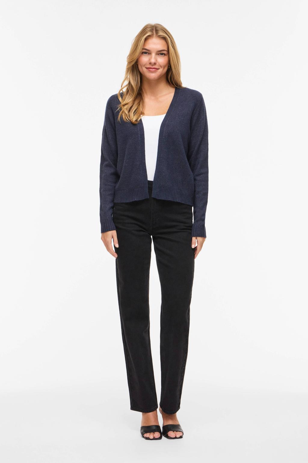 Donkerblauwe dames VILA vest gebreid van viscose met effen, lange mouwen en openvallende hals