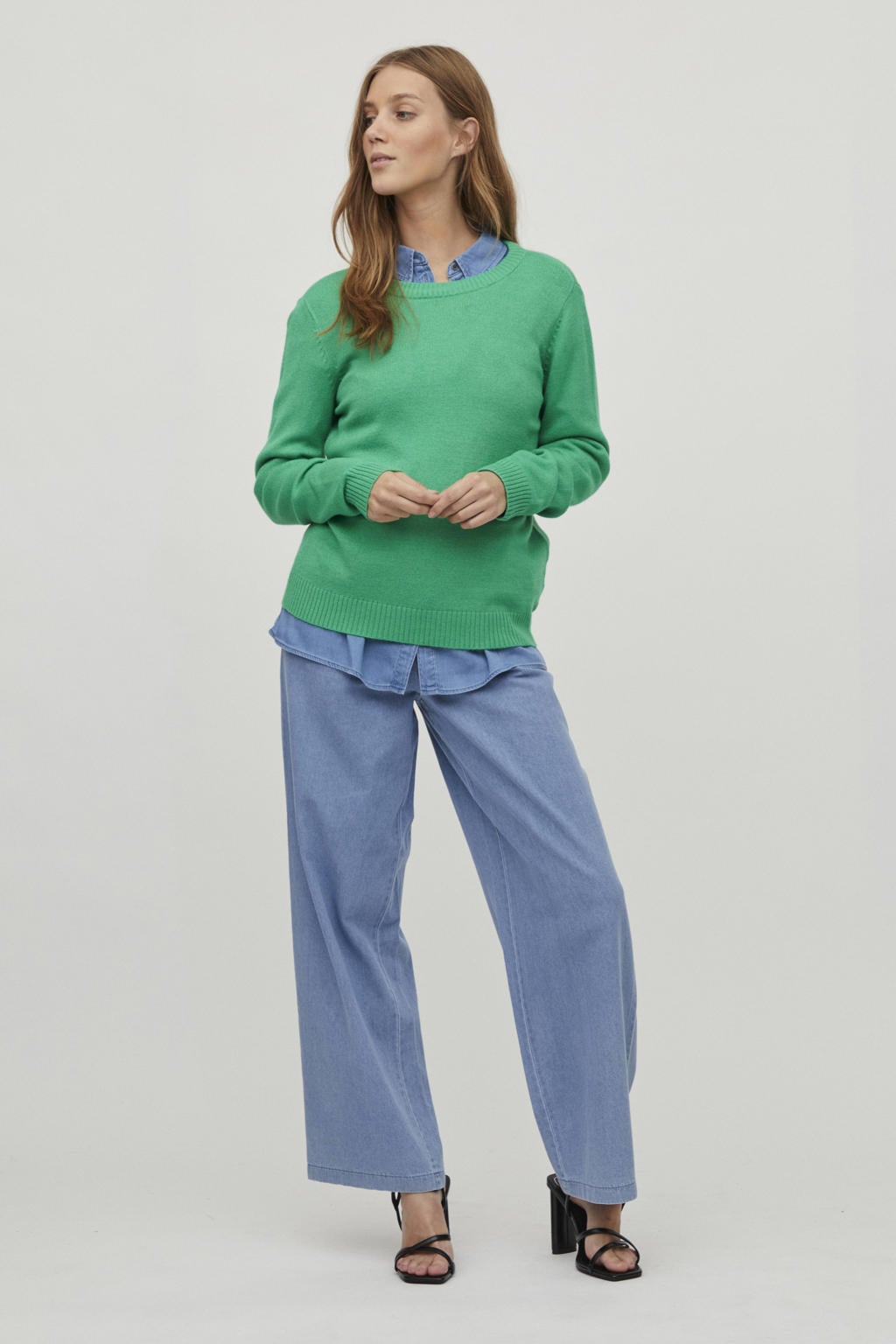 Groene dames VILA trui gebreid van viscose met effen, lange mouwen en ronde hals
