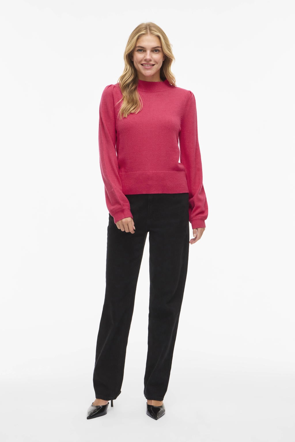 Roze dames VILA pullover fijn gebreid van viscose met effen, lange mouwen en opstaande kraag