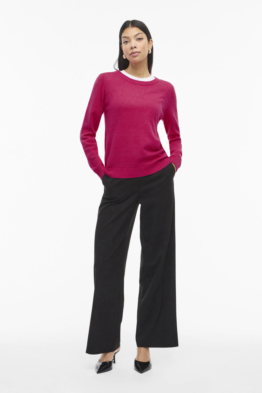 Roze dames VILA trui gebreid van viscose met effen, lange mouwen en ronde hals