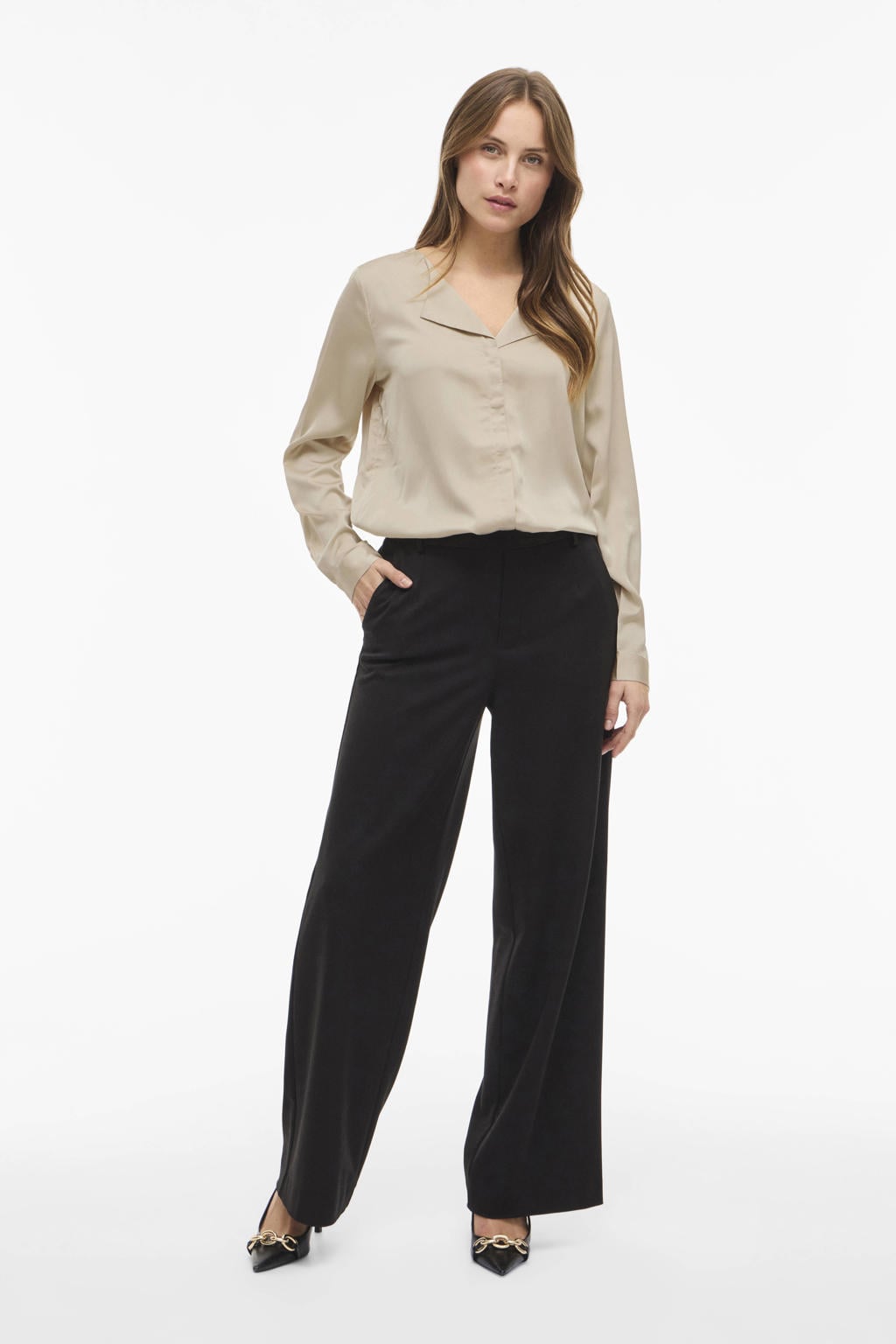 Grijze dames VILA satijnen blouse met effen, lange mouwen, V-hals en knoopsluiting
