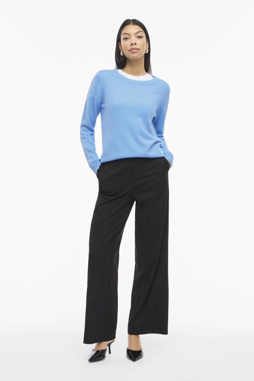 Blauwe dames VILA trui gebreid van viscose met effen, lange mouwen en ronde hals