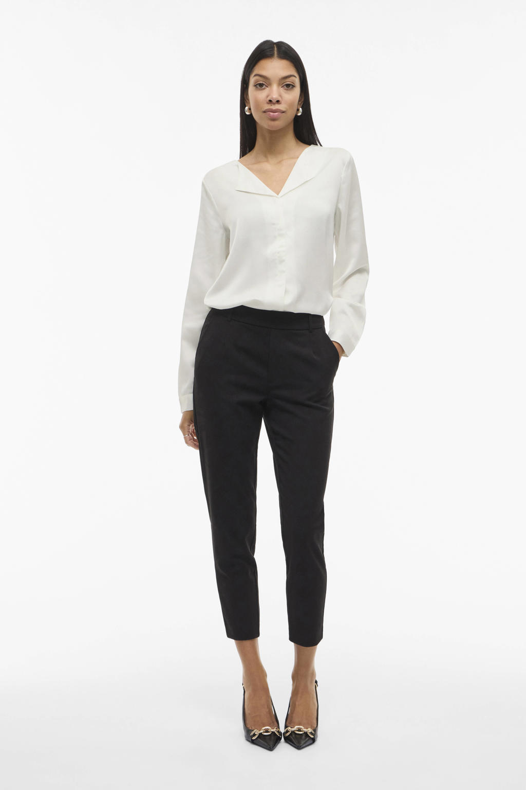 Witte dames VILA satijnen blouse met effen, lange mouwen, V-hals en knoopsluiting
