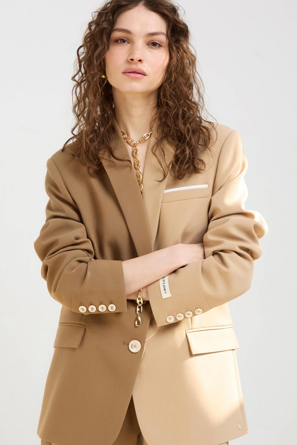 Beige en bruine dames JOSH V blazer van polyester met meerkleurige print, lange mouwen, capuchon en knoopsluiting