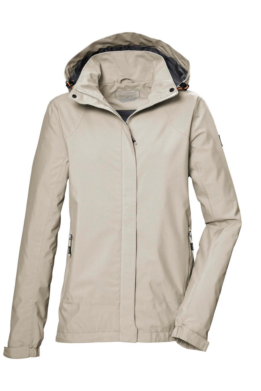Zandkleurige dames Killtec jack van polyester met effen, lange mouwen, capuchon en rits met windvanger