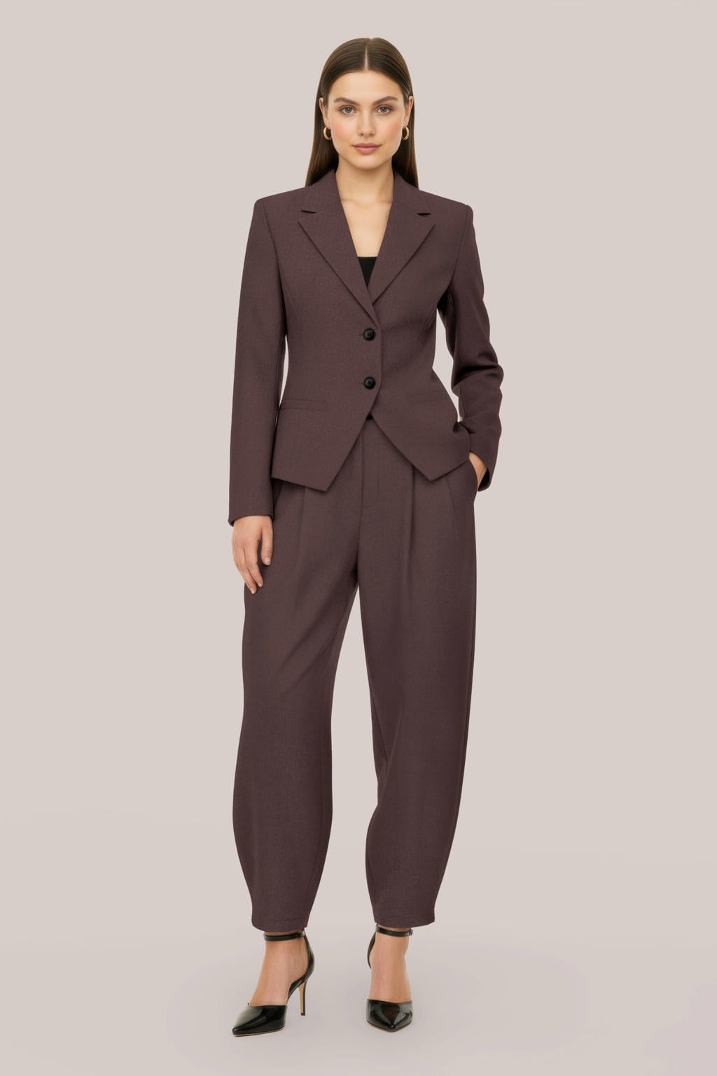 Bruine dames HYPEDROP getailleerde blazer van polyester met effen, lange mouwen, reverskraag en knoopsluiting