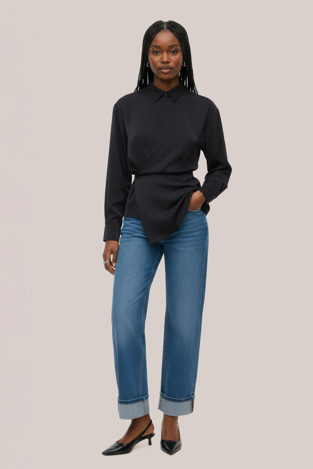 Zwarte dames HYPEDROP blouse van modal met effen, lange mouwen, klassieke kraag, knoopsluiting en overslag detail