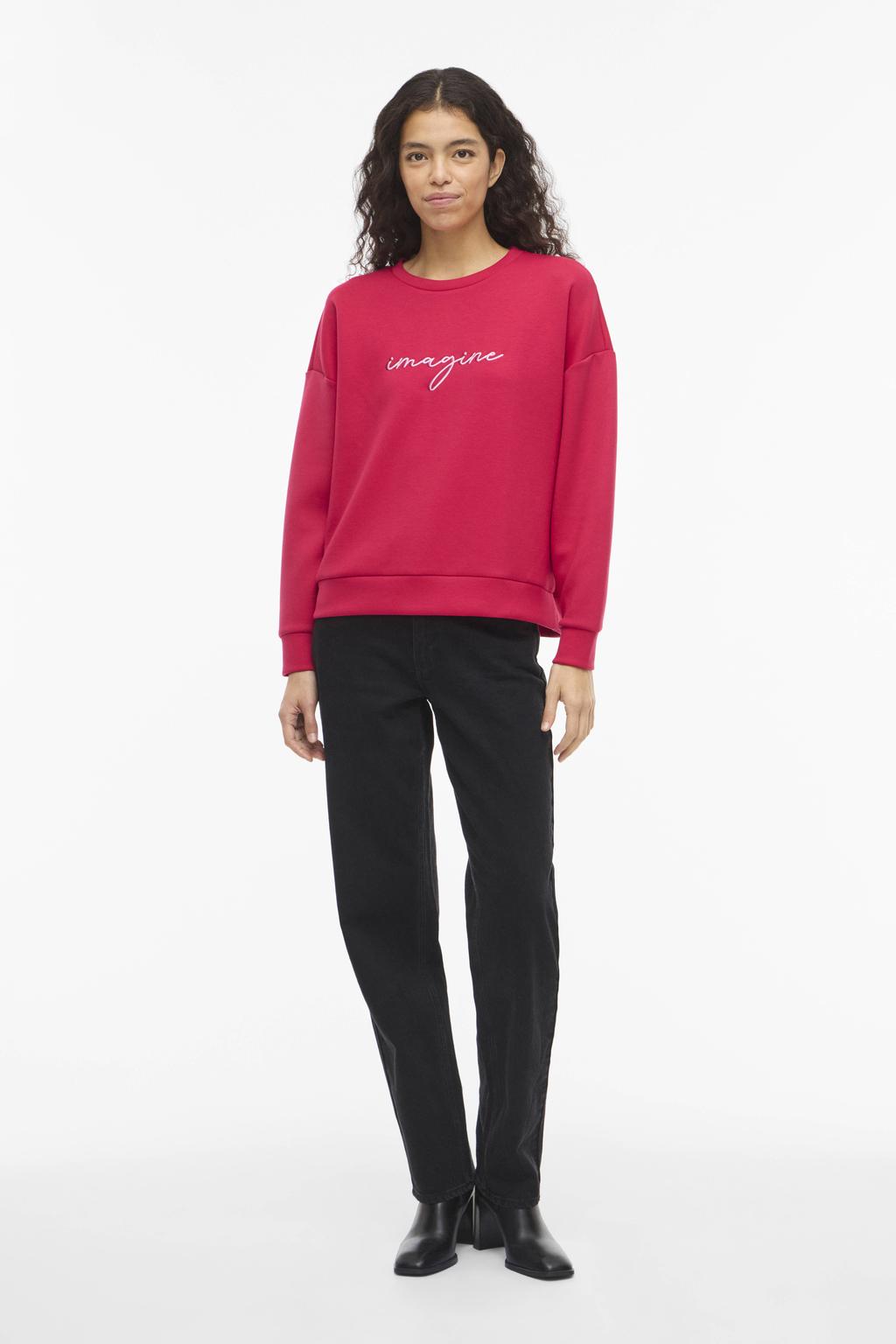 Roze dames VILA sweater van polyester met tekst print, lange mouwen, ronde hals en borduursels