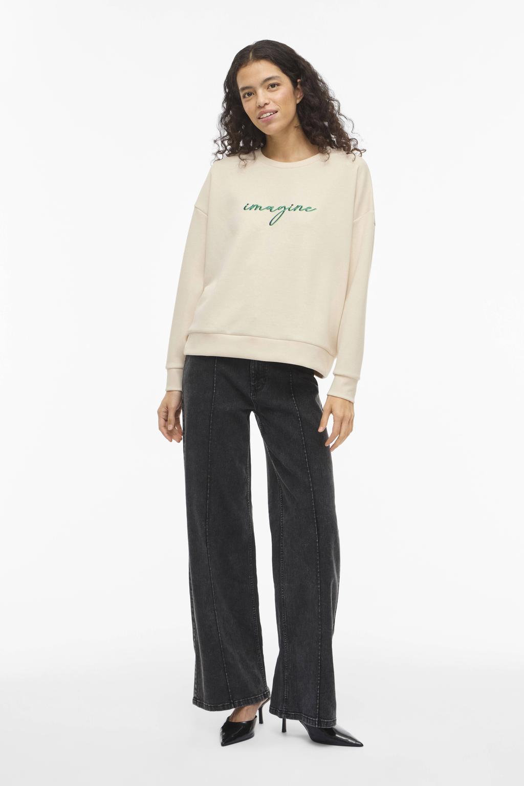 Ecru en groene dames VILA sweater van polyester met tekst print, lange mouwen, ronde hals en borduursels