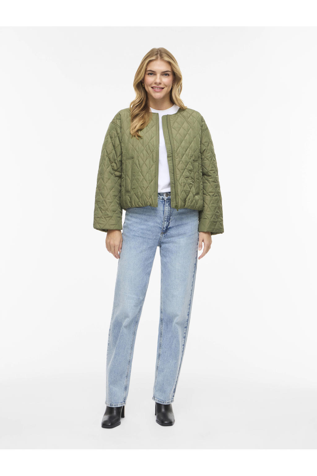 Groene dames VILA jack quilted van polyester met effen, lange mouwen, ronde hals en ritssluiting