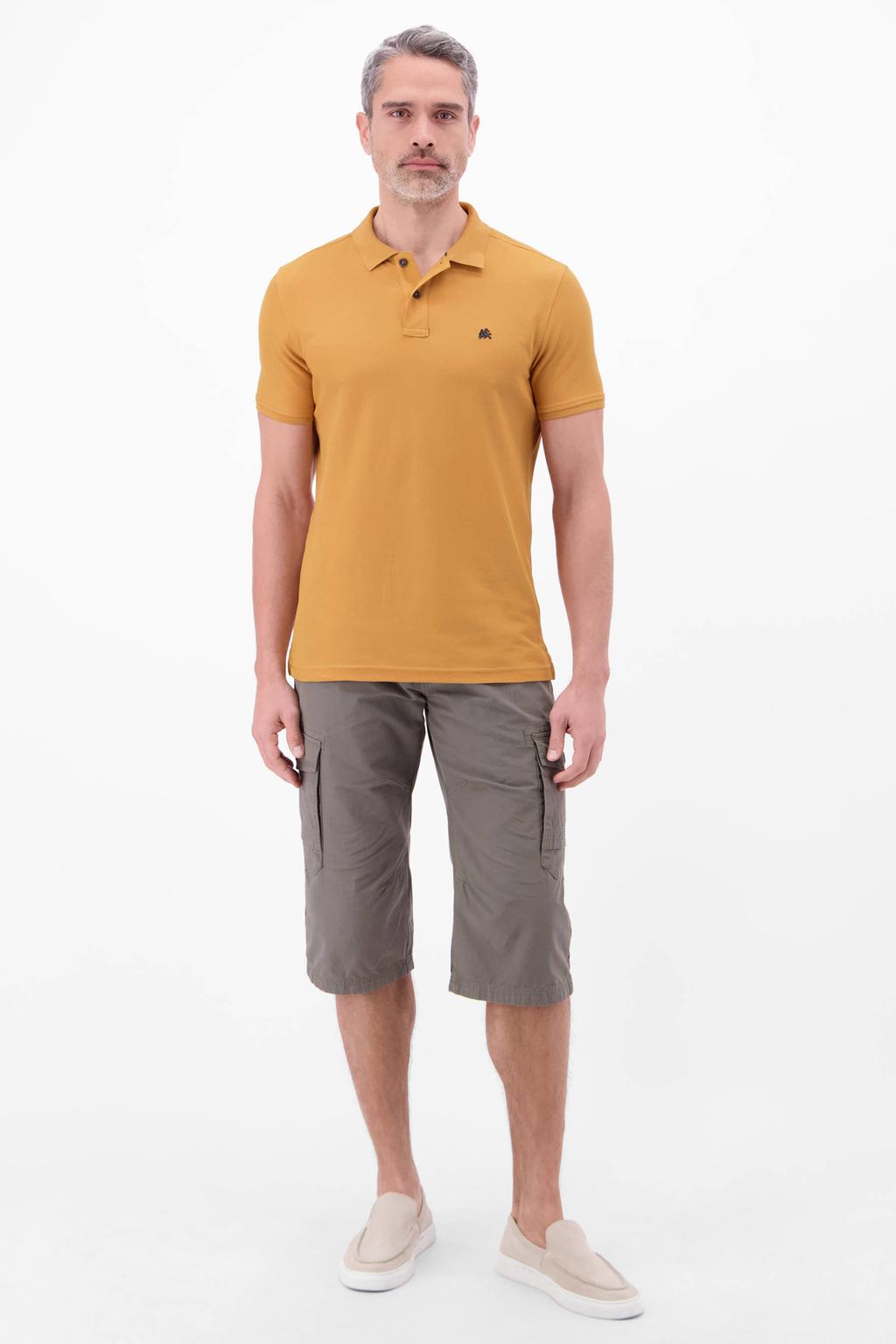 Okergele heren LERROS regular polo van katoen met logo dessin, korte mouwen, knoopsluiting en pique