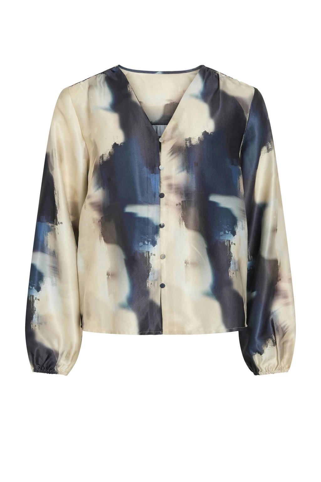Blauw en beige dames VILA blouse van polyester met lange mouwen, V-hals en knoopsluiting
