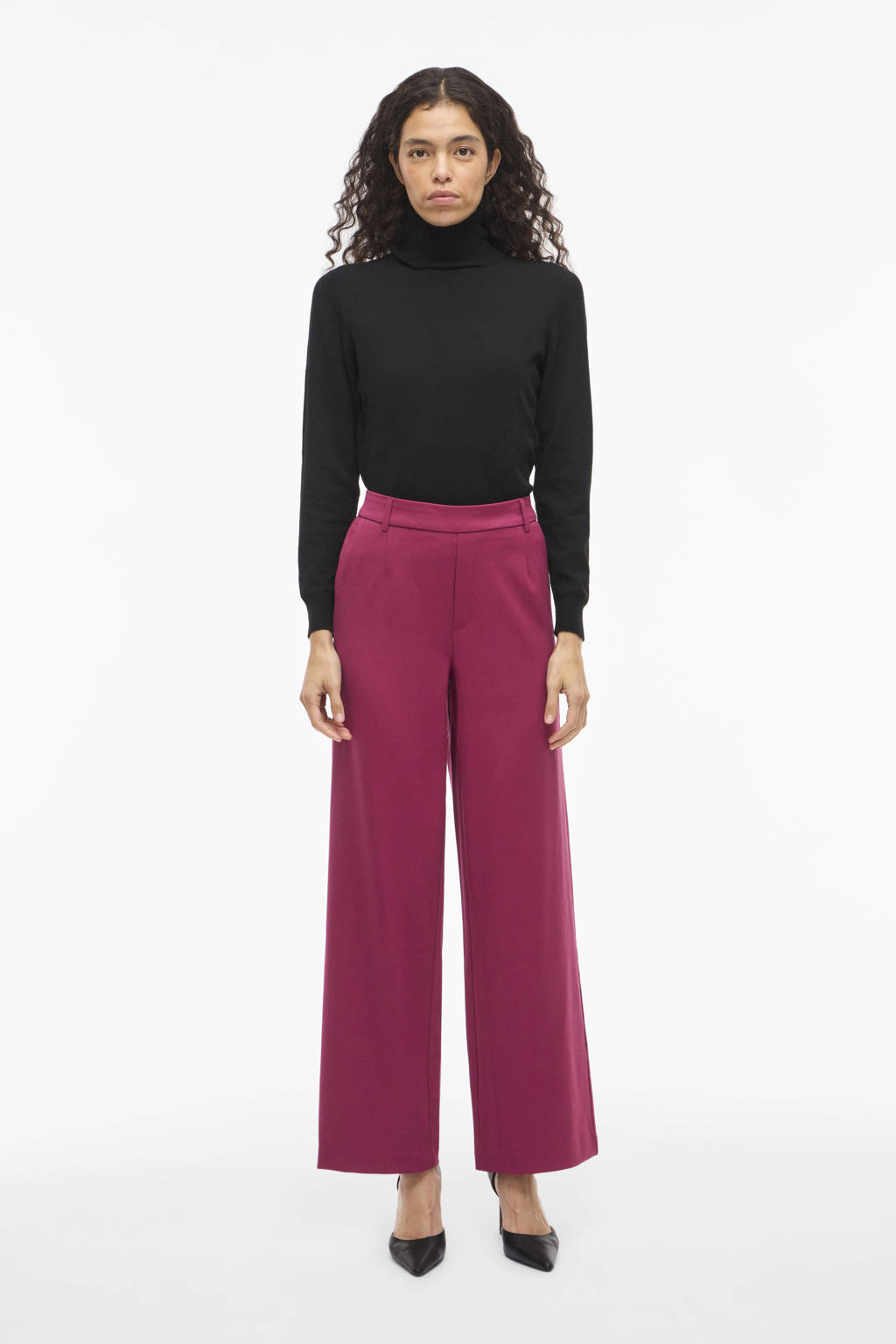 Donkerpaarse dames VILA wide leg high waist casual broek met effen