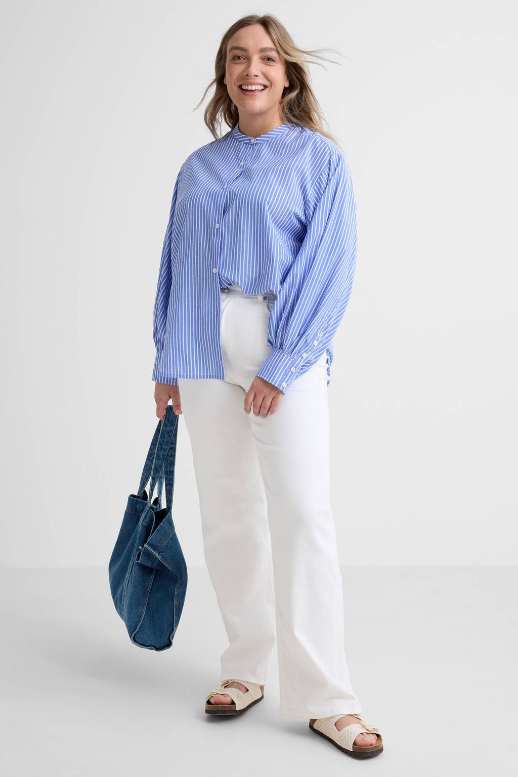 Blauw en witte dames GREAT LOOKS blouse van katoen-polyester met strepenprint, lange mouwen, ronde hals, knoopsluiting en knoopdetail