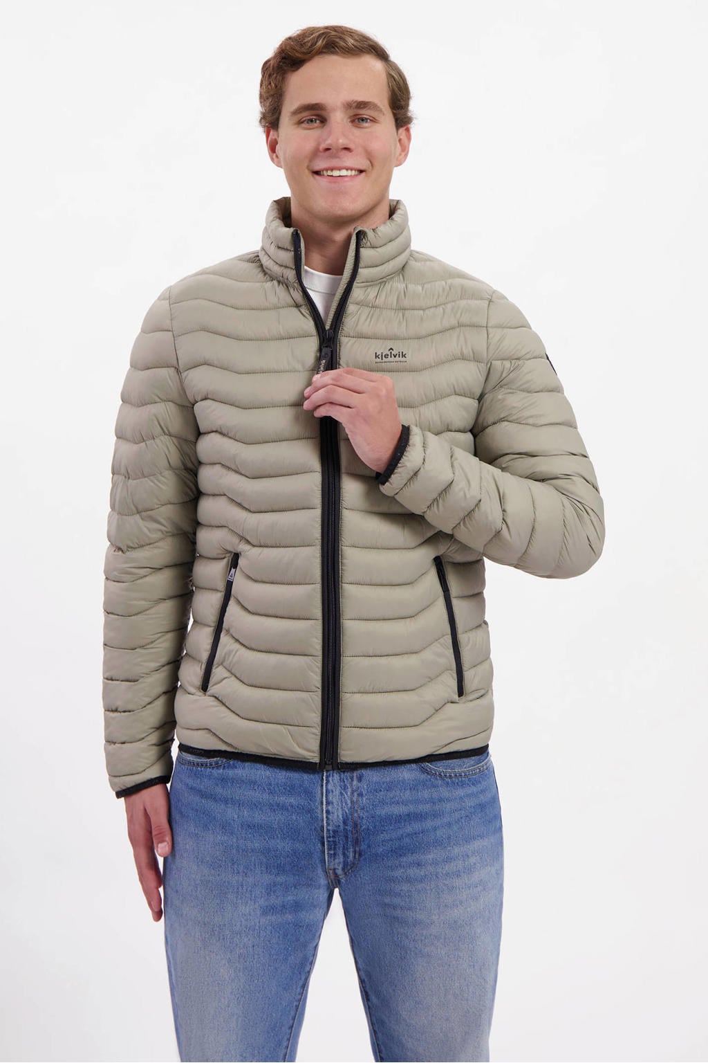 Beige heren Kjelvik jas Thuur van nylon met lange mouwen, opstaande kraag en ritssluiting