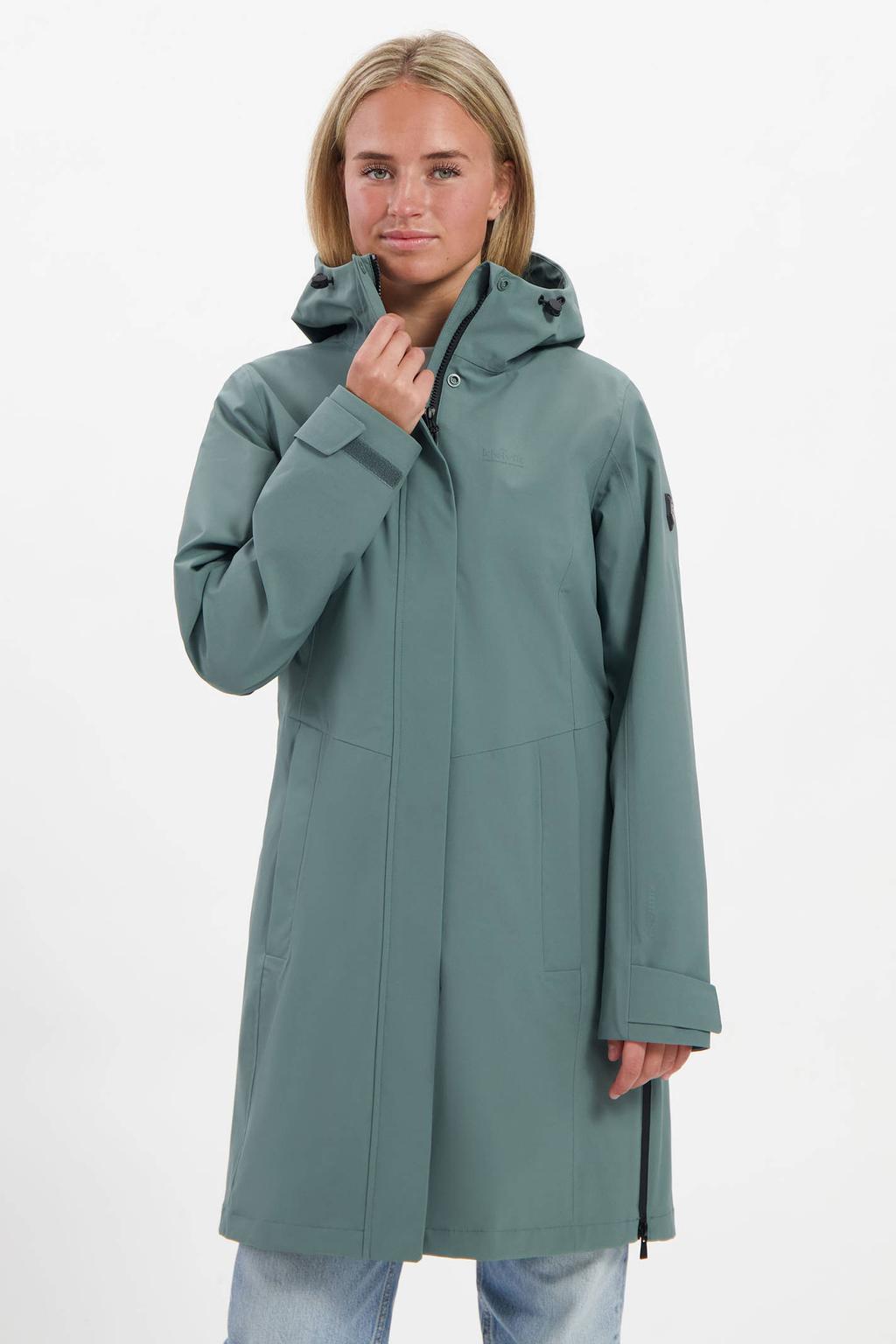 Groene dames Kjelvik jas WP Livia van polyester met lange mouwen, capuchon en 2-way rits met windvanger