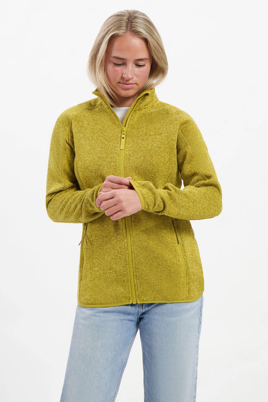 Okergele dames Kjelvik vest Birte geel met melée print, lange mouwen, opstaande kraag en ritssluiting
