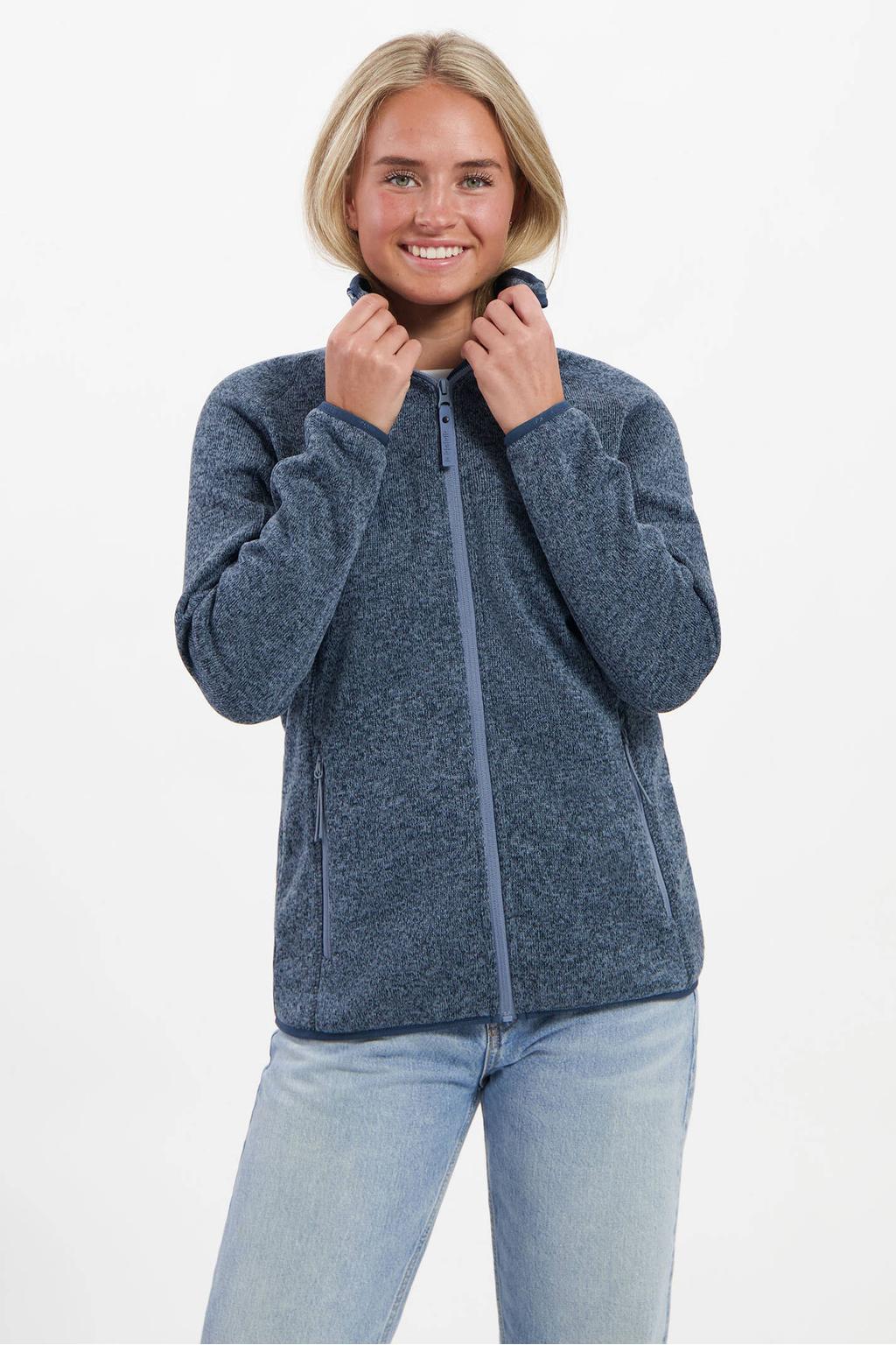 Donkerblauwe dames Kjelvik vest Birte met melée print, lange mouwen, opstaande kraag en ritssluiting