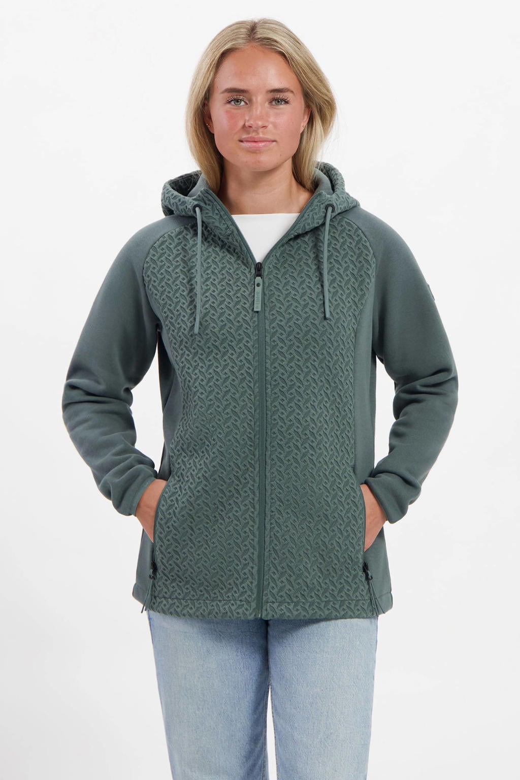 Groene dames Kjelvik vest Fea met lange mouwen, capuchon en ritssluiting