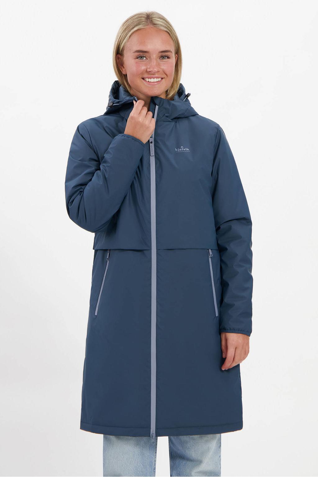 Donkerblauwe dames Kjelvik jas Hella van polyester met lange mouwen, capuchon en ritssluiting