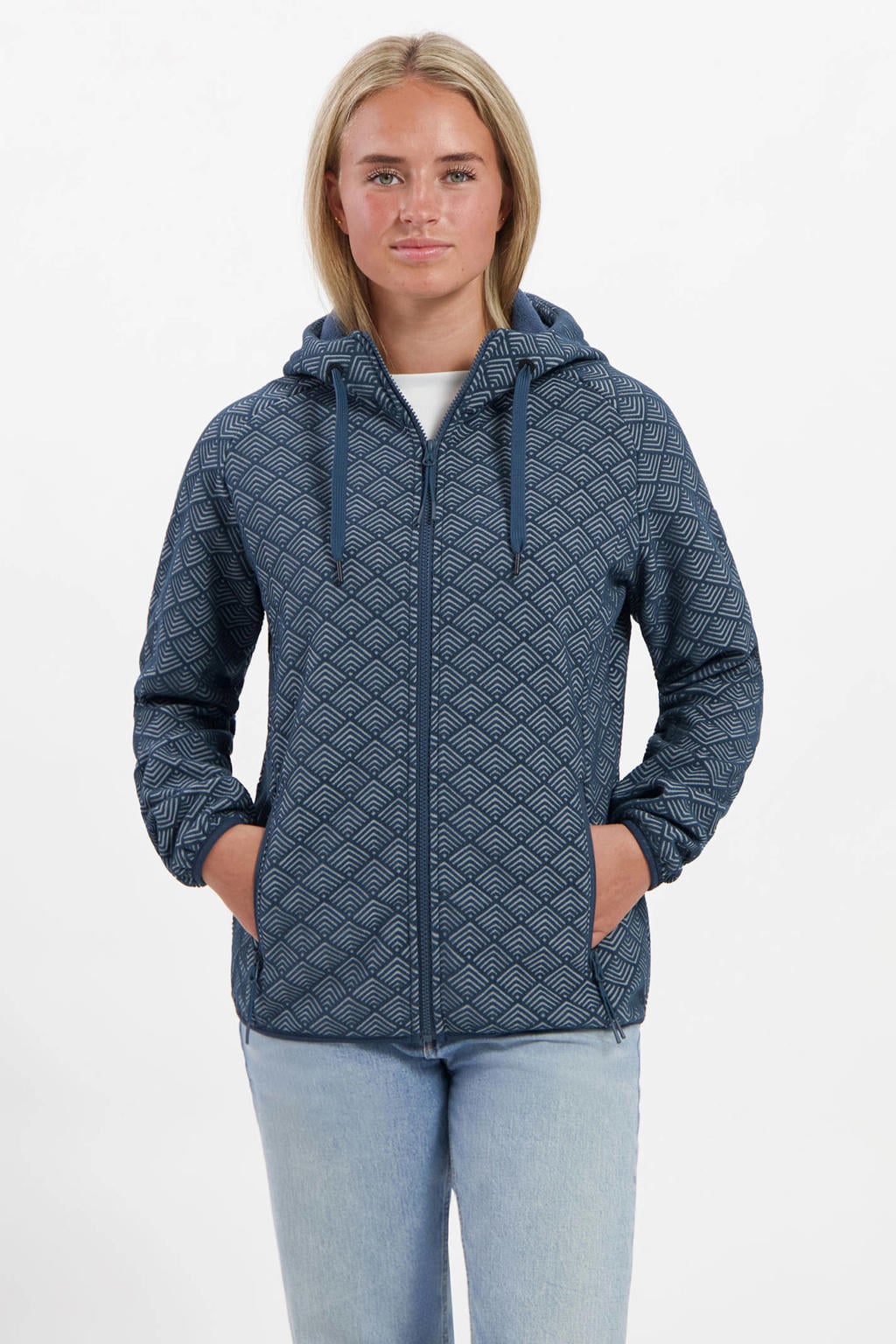 Donkerblauwe dames Kjelvik fleece vest Marije met effen, lange mouwen, capuchon en ritssluiting