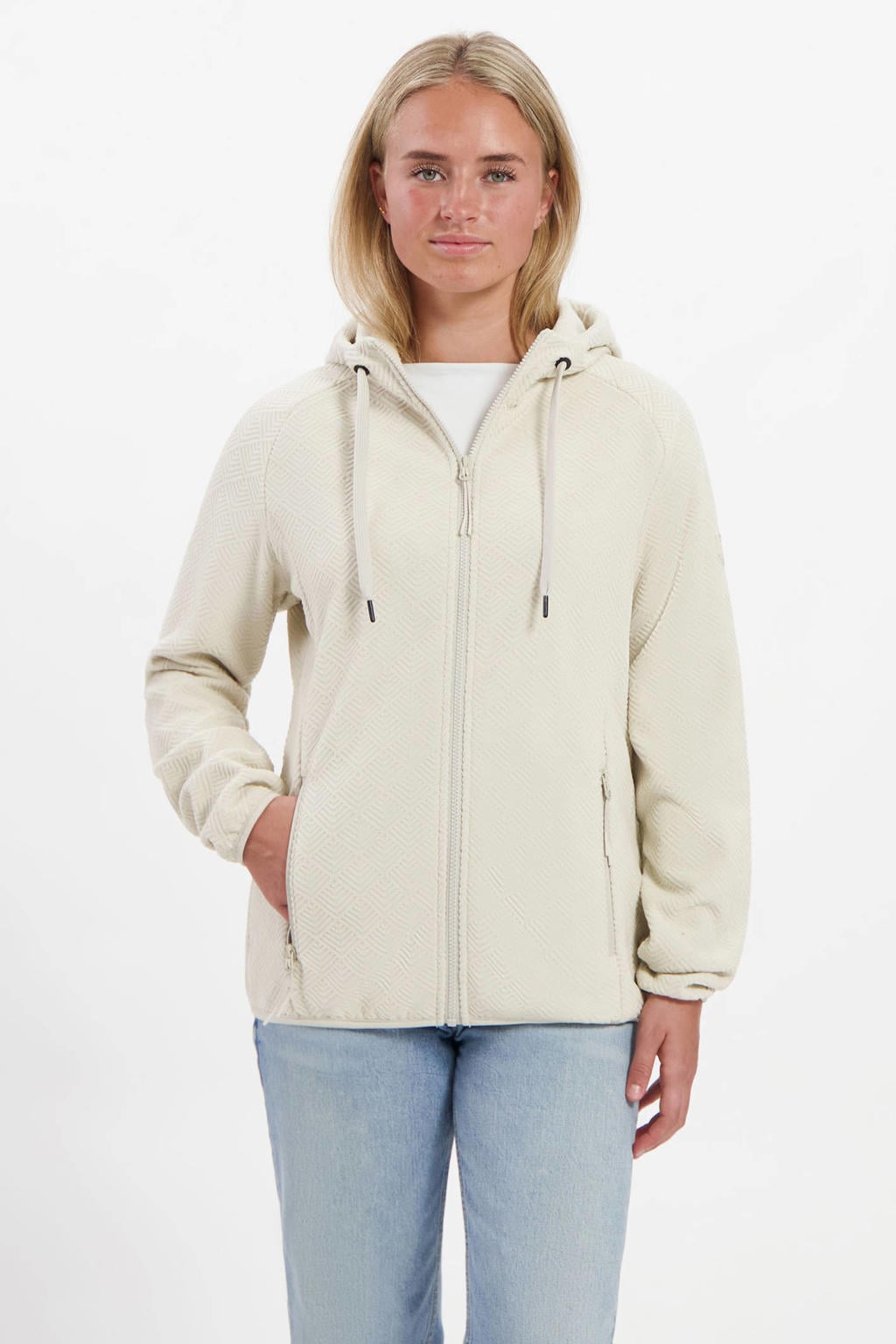 Ecru dames Kjelvik fleece vest Marije met effen, lange mouwen, capuchon en ritssluiting