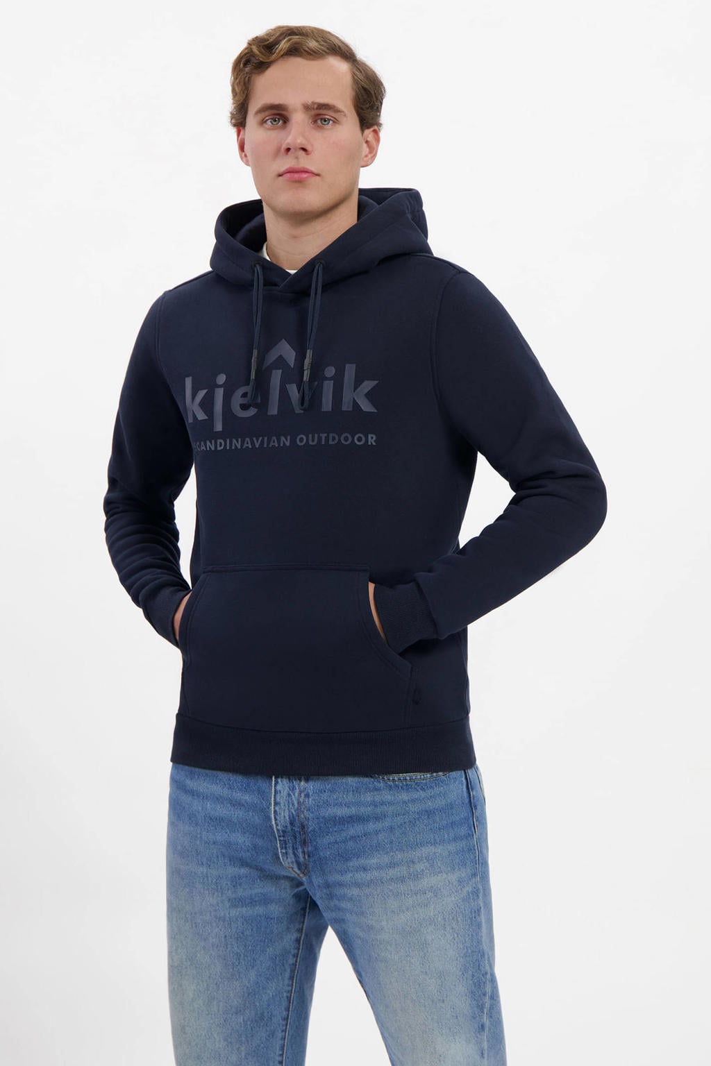 Donkerblauwe heren Kjelvik fleece hoodie Tebbe van katoen met logo dessin, lange mouwen en capuchon