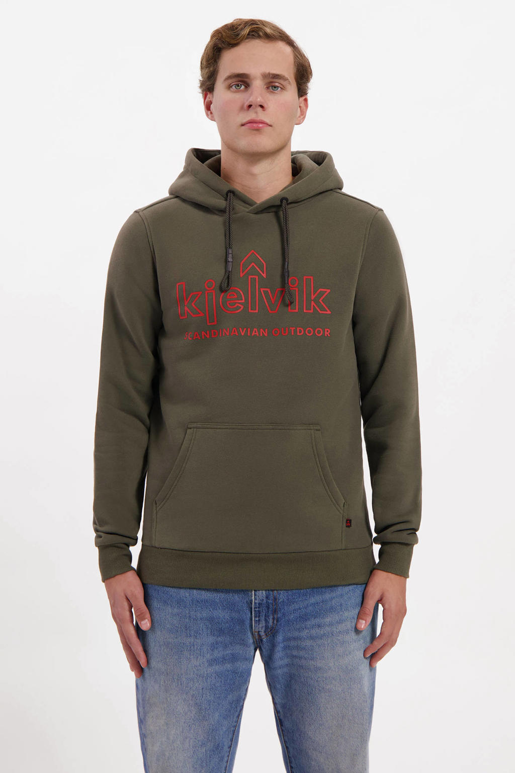 Groene heren Kjelvik fleece hoodie Tebbe van katoen met logo dessin, lange mouwen en capuchon