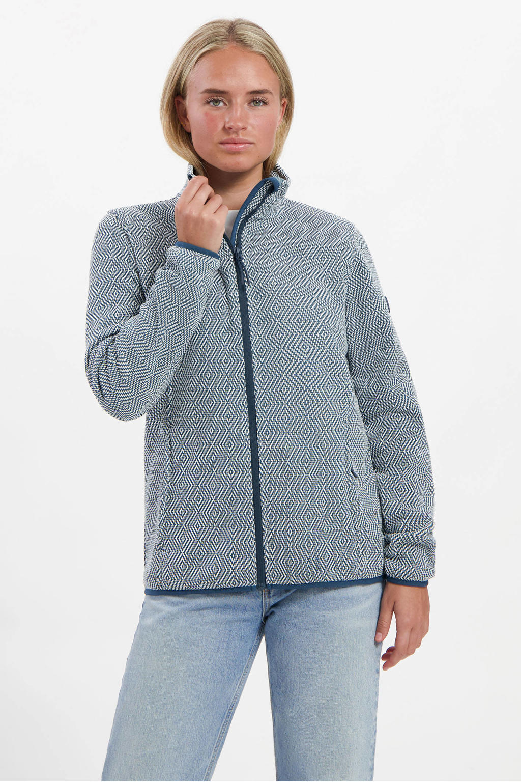 Donkerblauwe dames Kjelvik vest Jolie met lange mouwen, opstaande kraag en ritssluiting