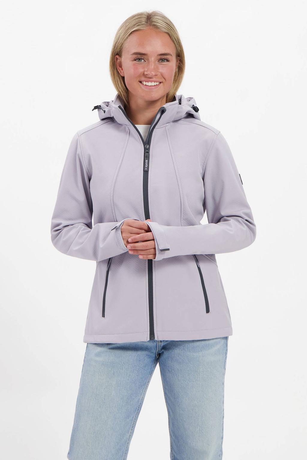 Lilakleurige dames Kjelvik softshell jas Cleo van polyester met effen, lange mouwen, capuchon en ritssluiting
