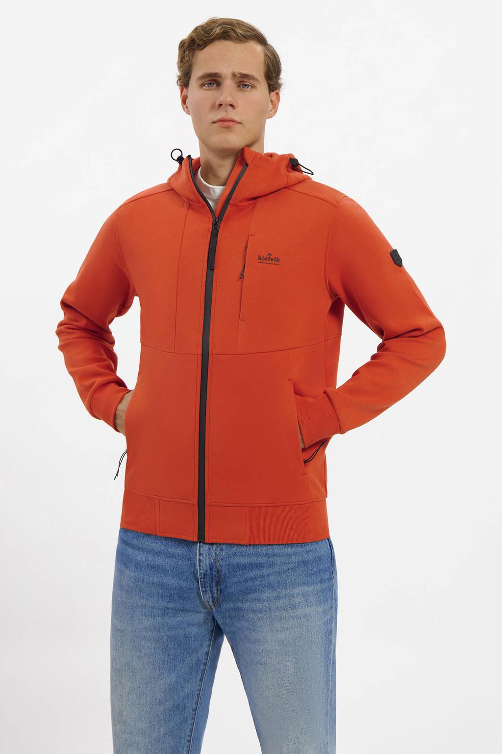 Koraalrode heren Kjelvik fleece jas Marnix van katoen met lange mouwen, capuchon en ritssluiting